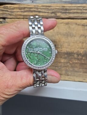 bebe Silver-Tone Bracelet Watch with Green Dial and Crystal Bezel